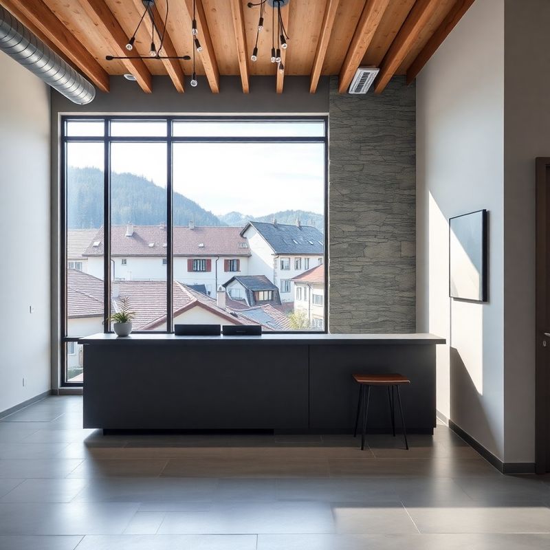 Moderna slovenska pisarniška recepcija s slate-sivimi poudarki